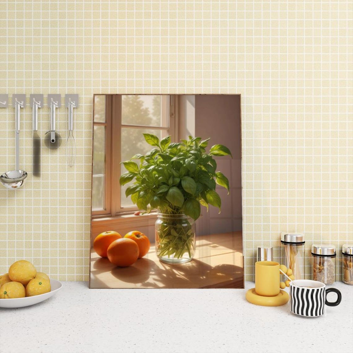 Fresh Basil Plant In Glass Jar With Oranges On Sunny Kitchen Poster