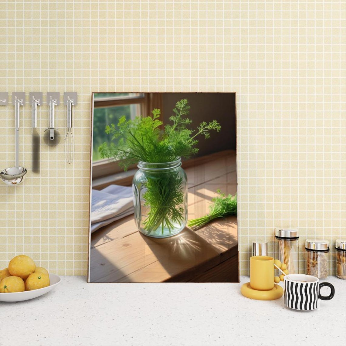 Fresh Dill Herb Sprigs In Mason Jar By Sunny Kitchen Window Poster