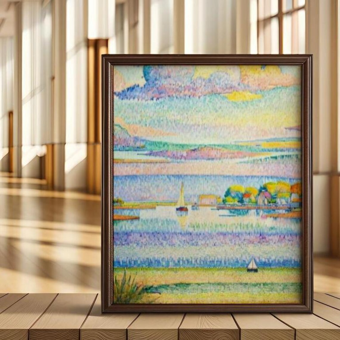 Pastel Pointillist Seascape With Sailboats Impressionist Art Poster
