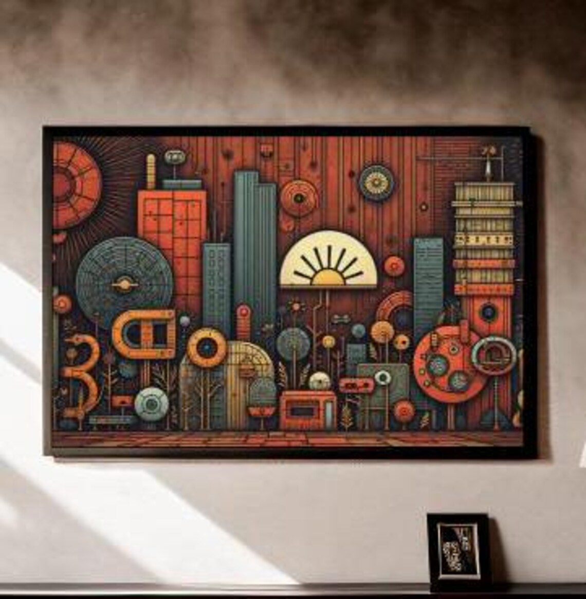 Whimsical Industrial City Gears Towers Retro Machine Age Art Poster