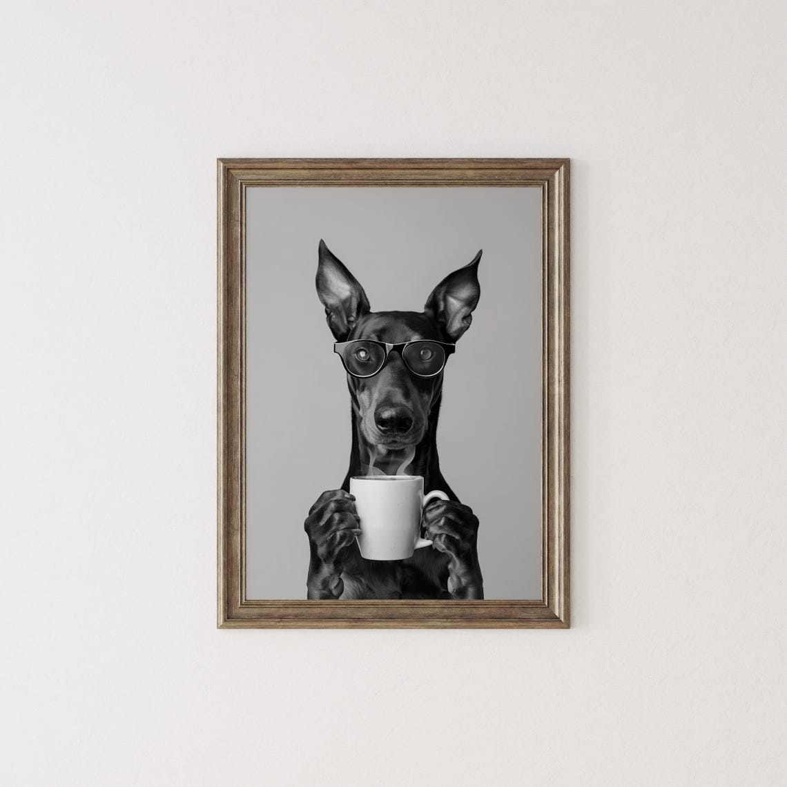 Doberman Pinscher Holding Hot Coffee Wearing Glasses Funny Dog Poster - Image 2