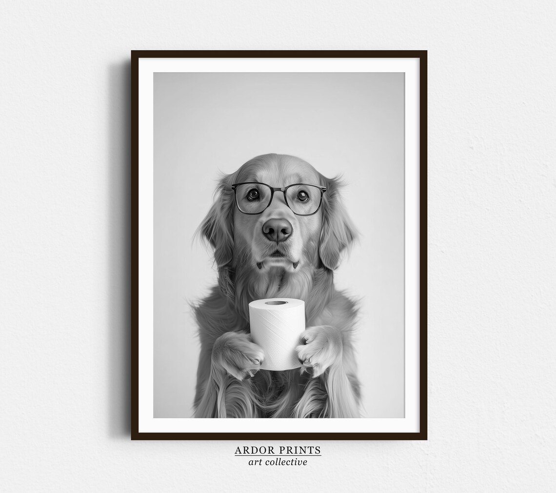 Golden Retriever Wearing Glasses Holding Toilet Paper Bath Poster