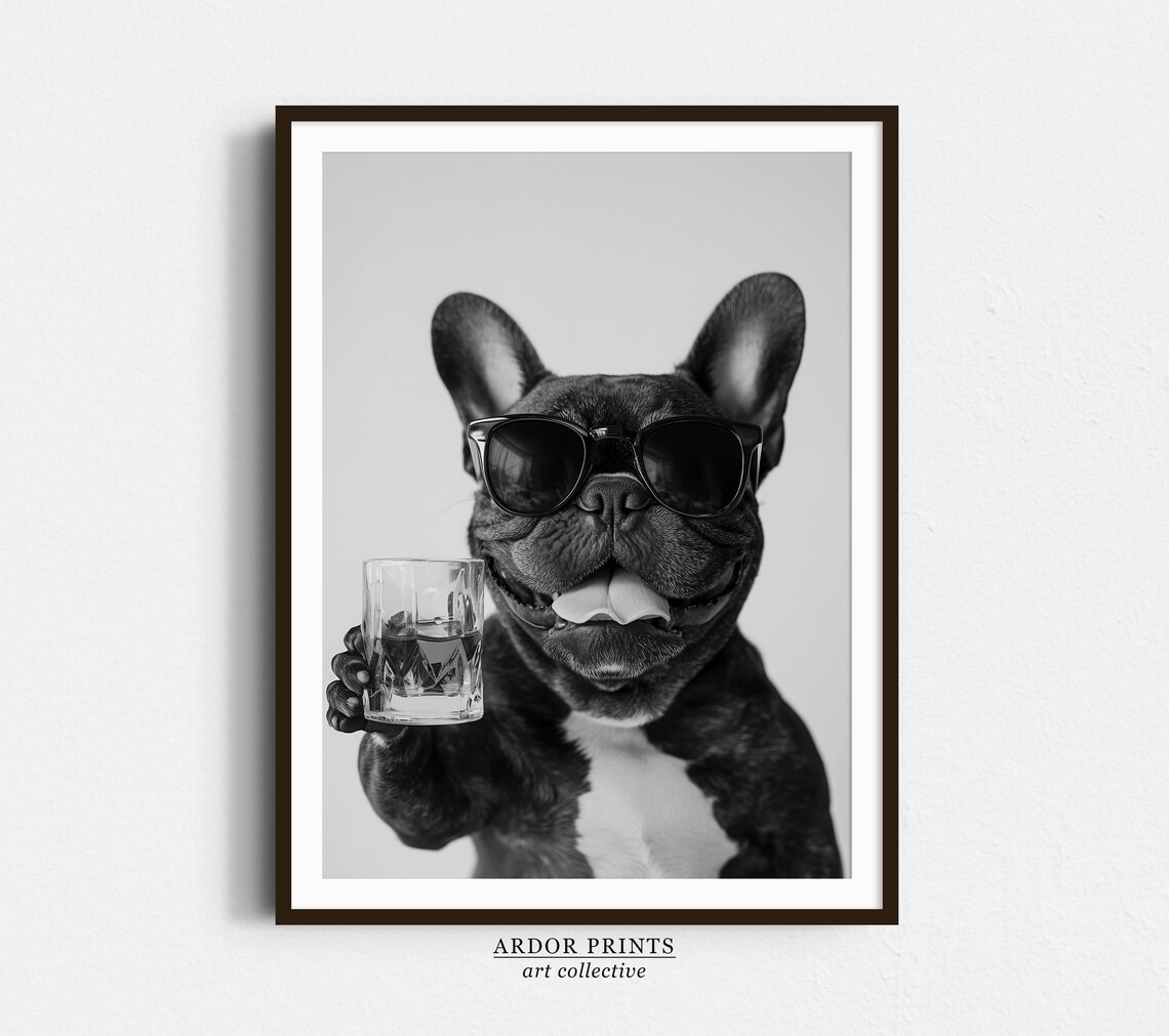 Black French Bulldog With Sunglasses Holding Whiskey Glass Dog Poster