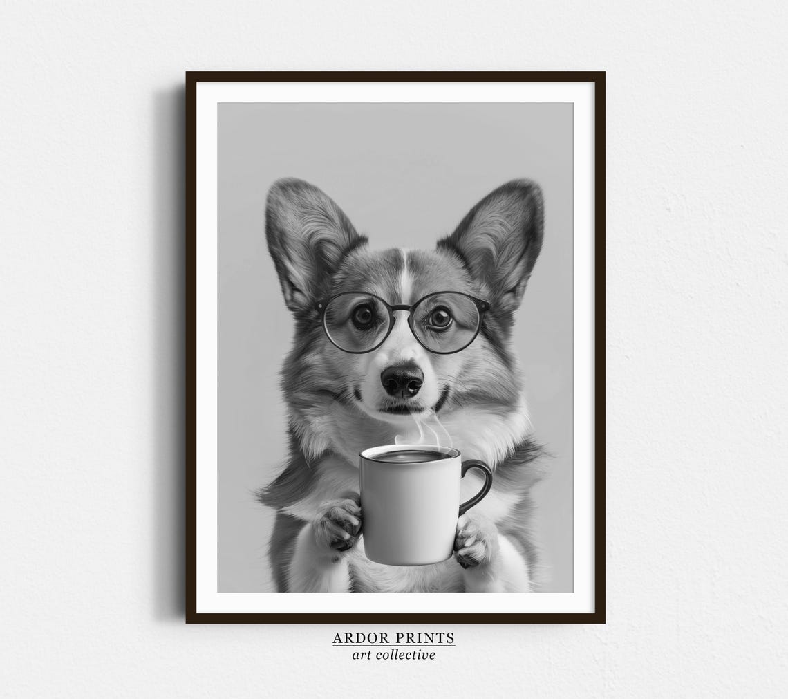 Corgi With Glasses Holding Coffee Mug Black and White Poster