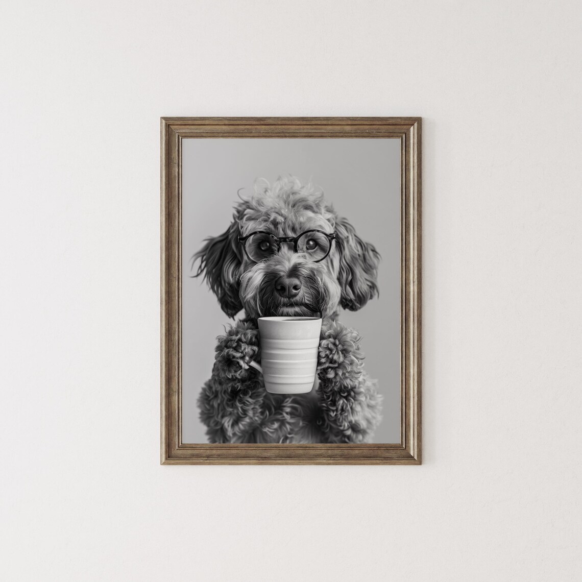 Cockapoo Holding Coffee Black And White Art Print - Image 2
