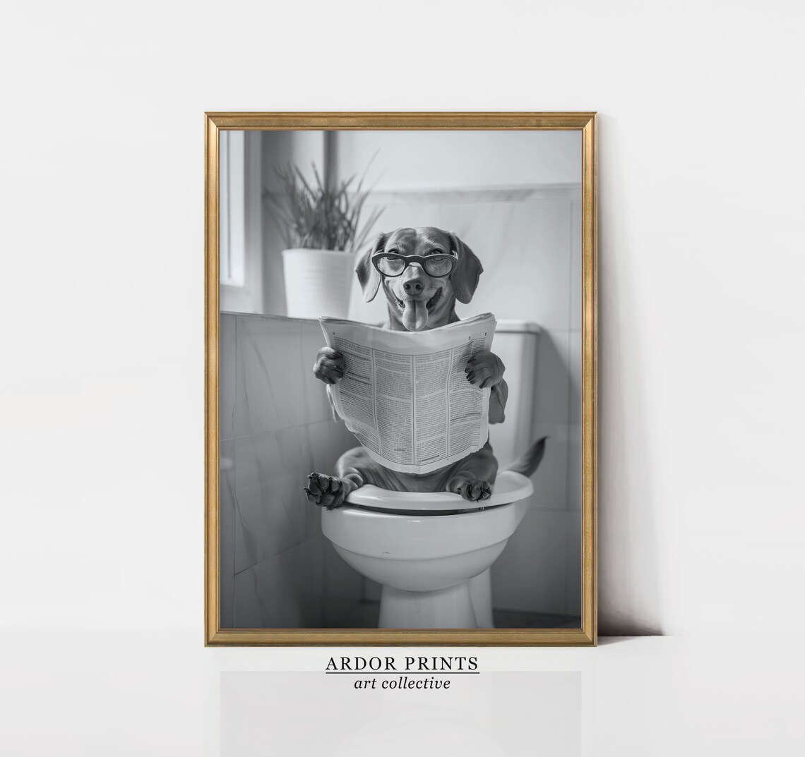 Dachshund Wearing Glasses Reading Newspaper on Toilet Funny Dog Poster - Image 4