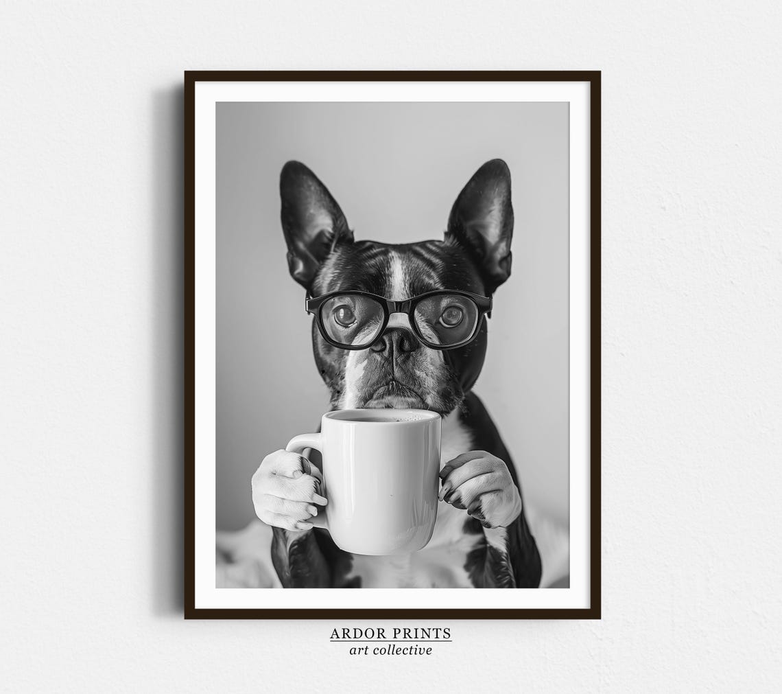 Boston Terrier Wearing Glasses Holding Coffee Mug Funny Dog Poster