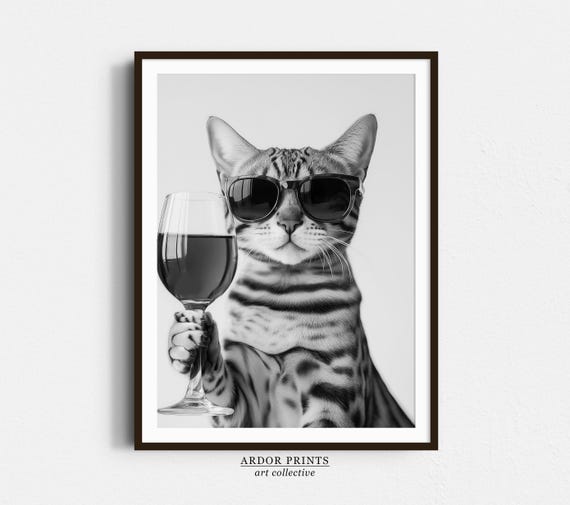 Bengal Cat Drinking Wine, Black and White Art Print
