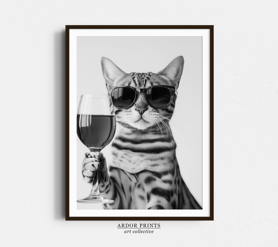 Bengal Cat Drinking Wine, Black and White Art Print