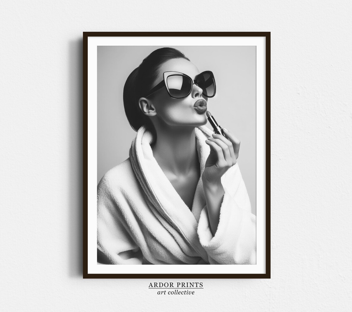 Woman Applying Lipstick Wearing Sunglasses Black and White Poster