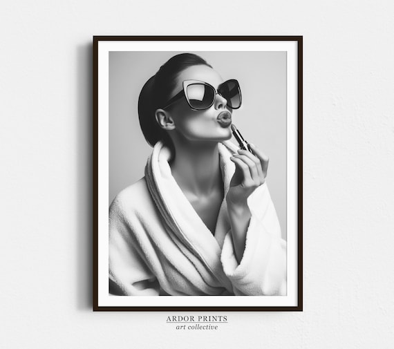 Woman Applying Lipstick Wearing Sunglasses Black and White Poster