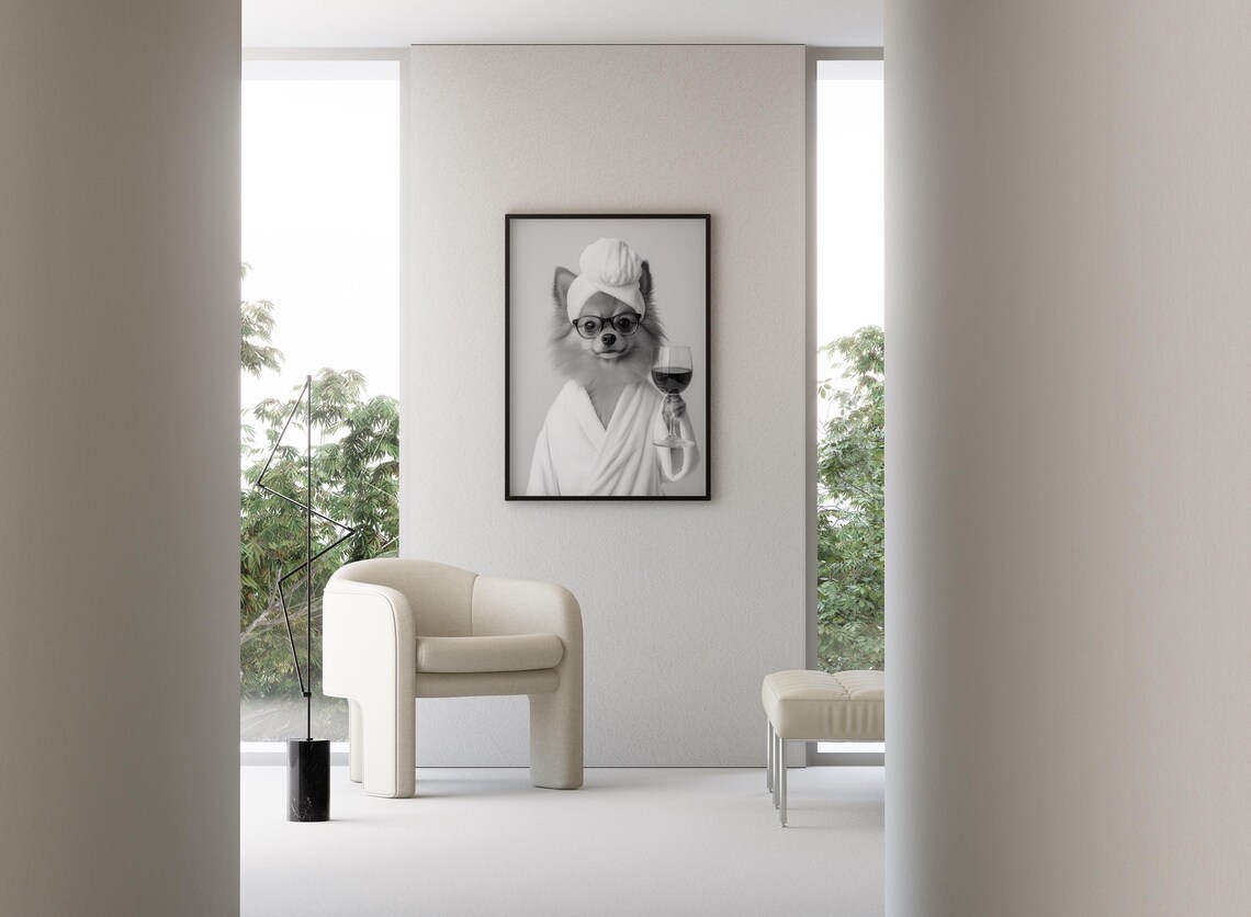 Pomeranian In Bathrobe Holding Wine Glass Funny Bathroom Poster - Image 3