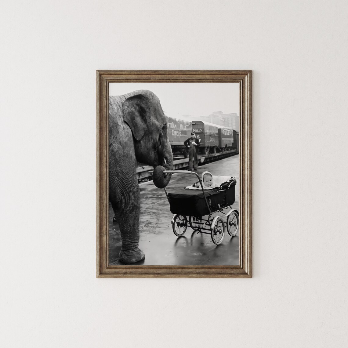 Elephant Pushing Baby Carriage Vintage Circus Train Black And White Photo Poster - Image 3