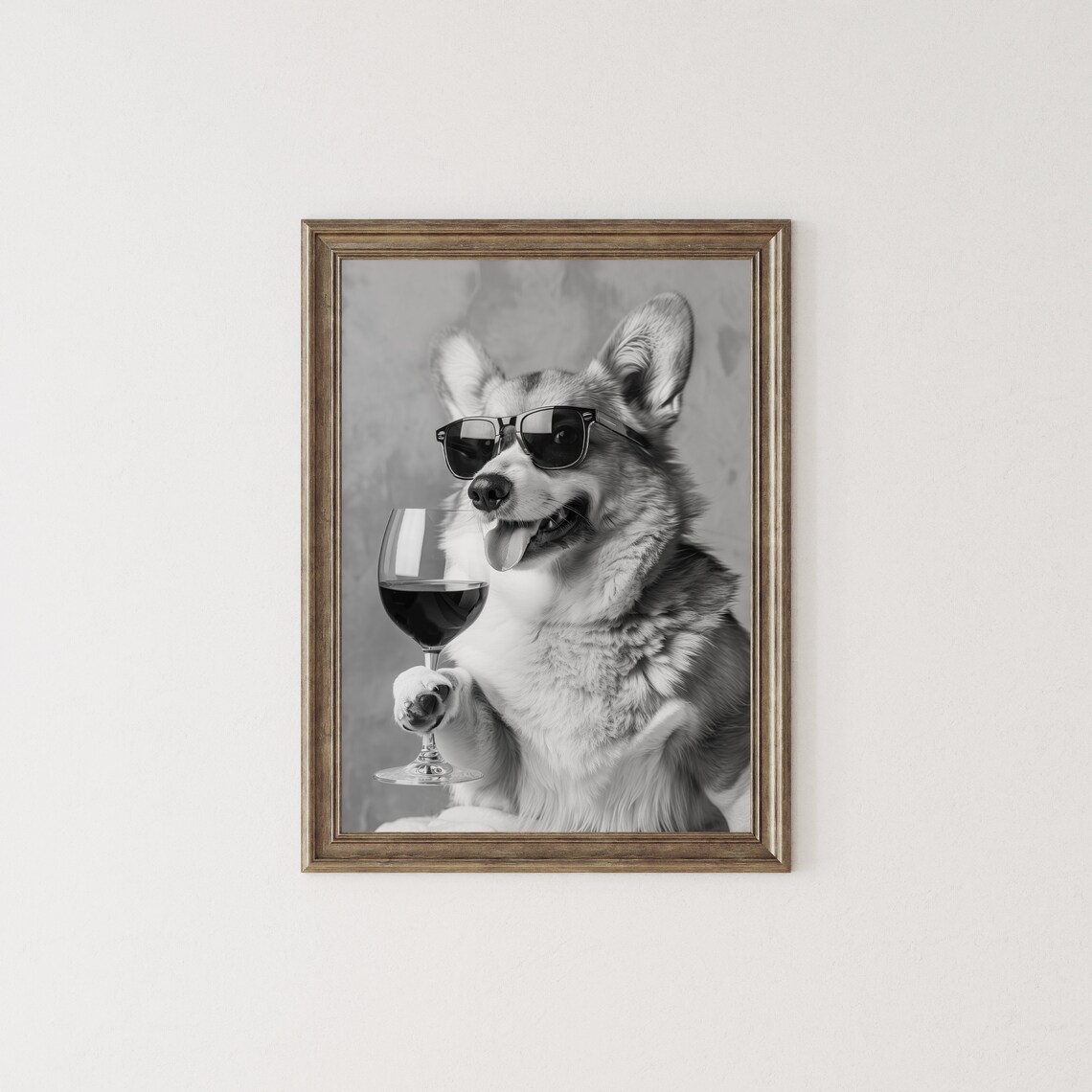 Corgi Drinking Wine Black and White Poster Print - Image 2