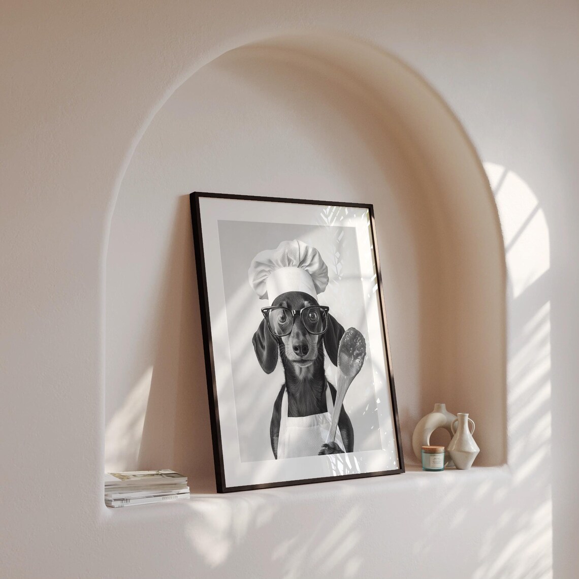 Dachshund Chef With Hat and Glasses Black and White Funny Poster - Image 4