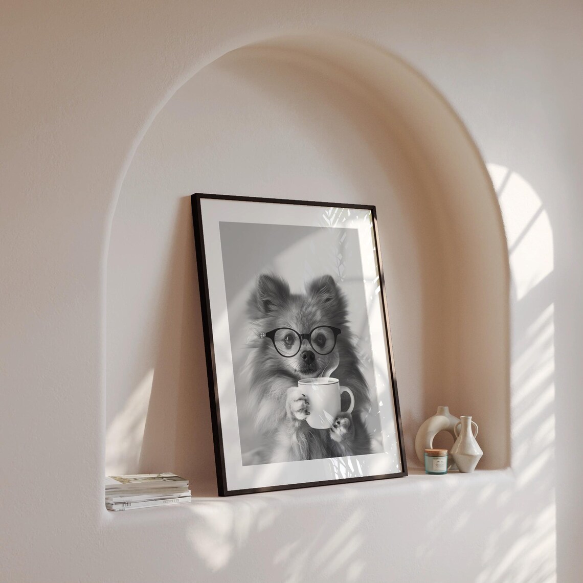 Pomeranian With Glasses Holding Coffee Black and White Poster - Image 4