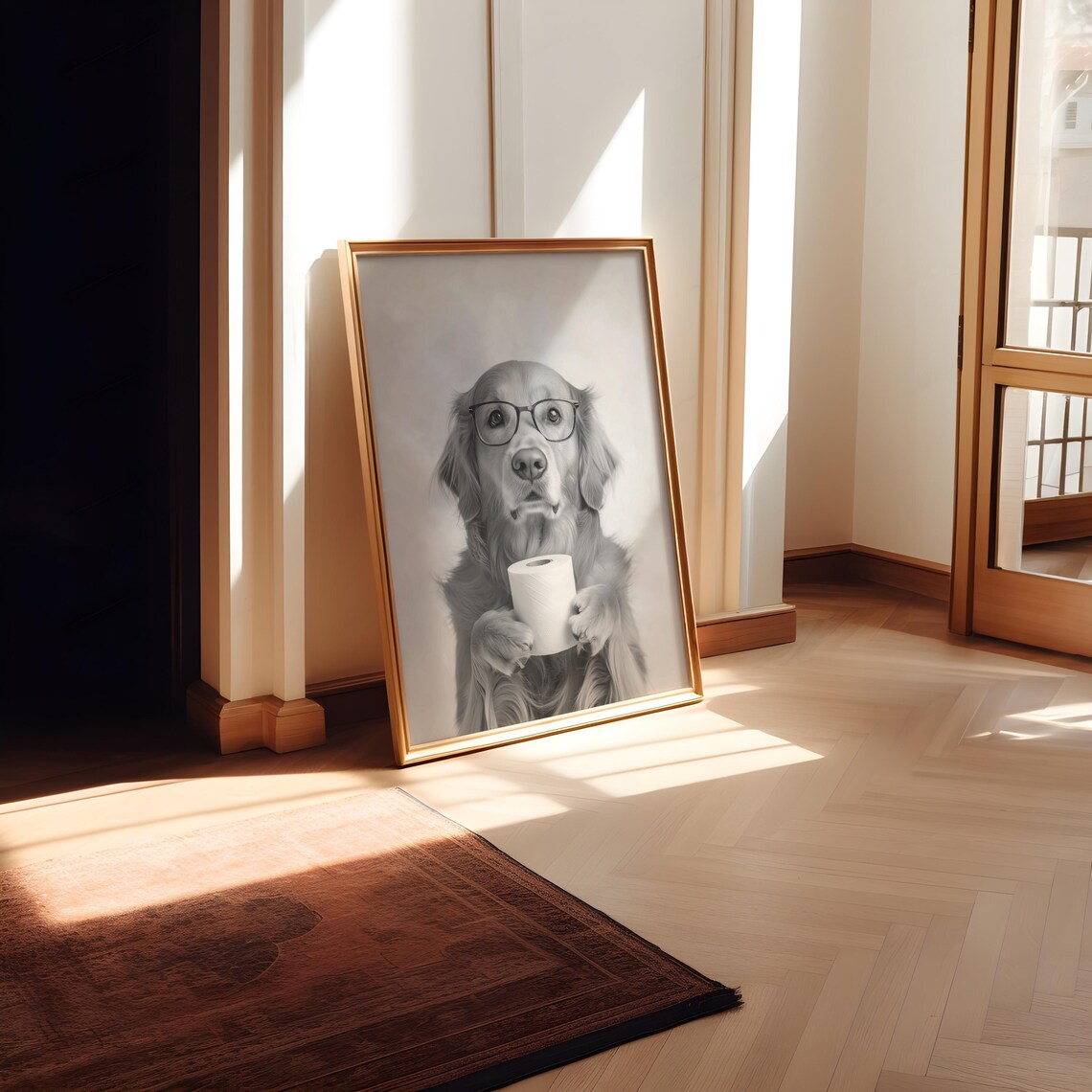 Golden Retriever Wearing Glasses Holding Toilet Paper Bath Poster - Image 2
