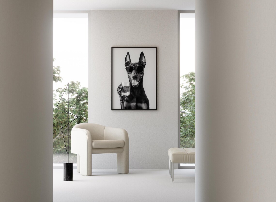 Doberman Holding Whiskey Glass Wearing Sunglasses Funny Dog Poster - Image 3