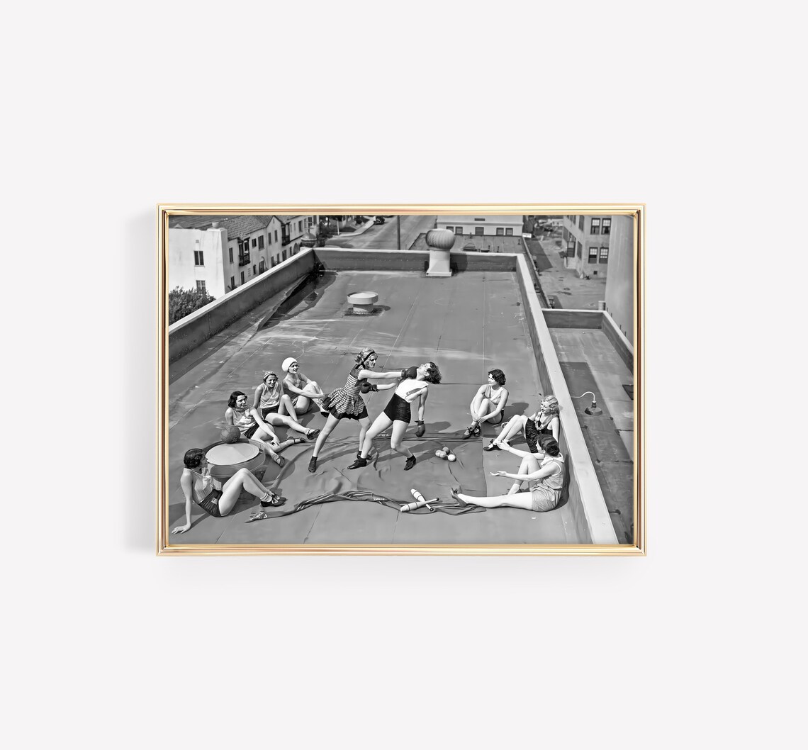 Women Boxing on Rooftop, Vintage Black And White Art Print - Image 2
