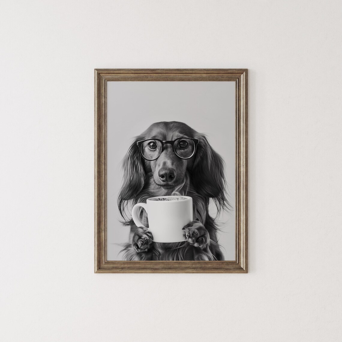 Long Haired Dachshund and Coffee Black and White Art Print - Image 2
