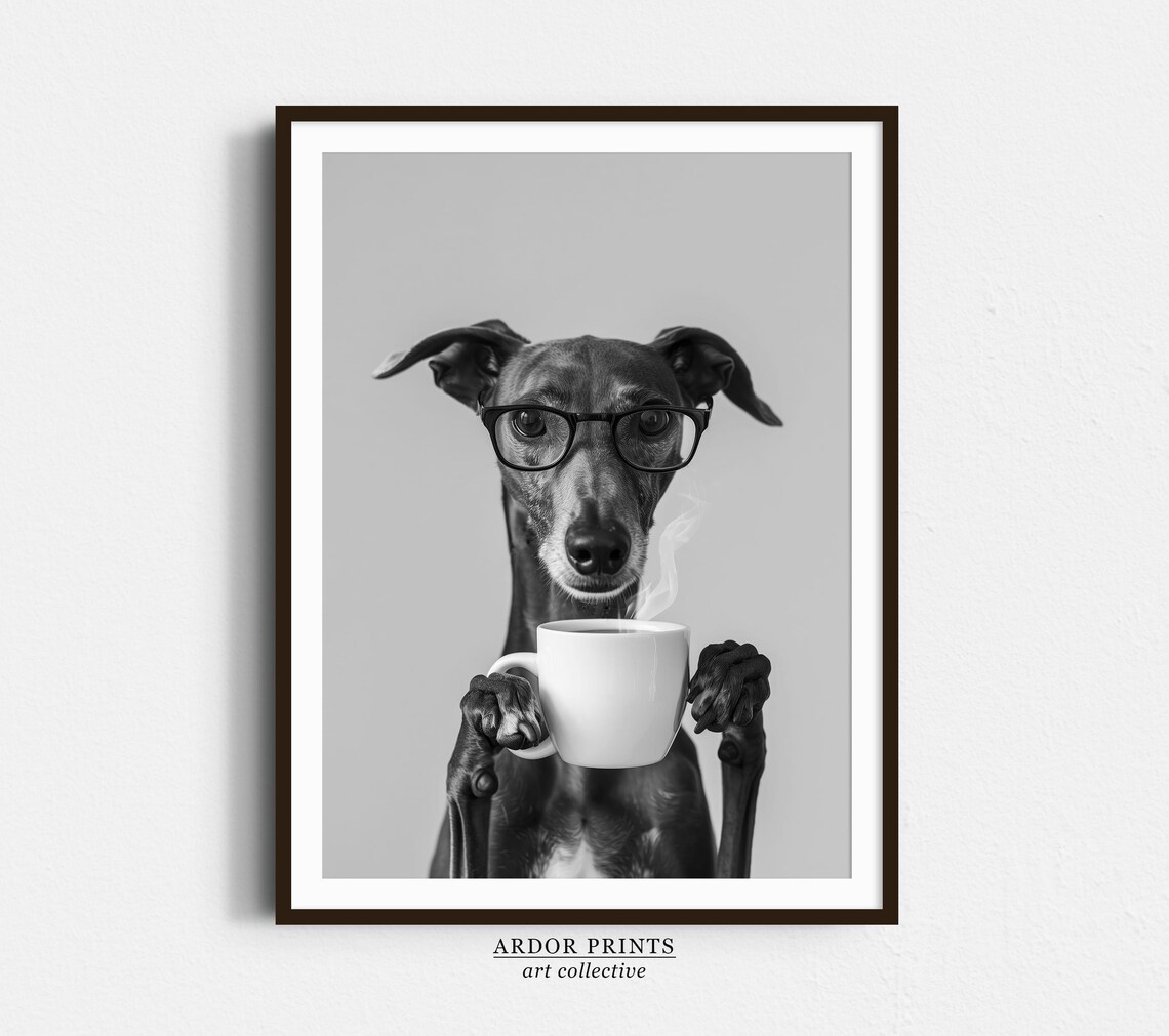 Greyhound Holding Coffee Art Print, Black And White