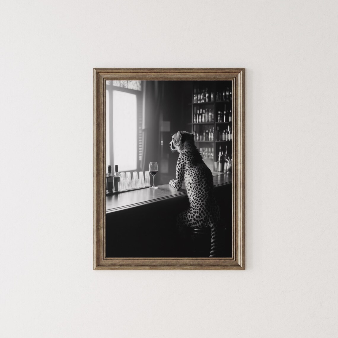 Cheetah Sitting at a Bar With a Wine Glass Black White Photo Poster - Image 2