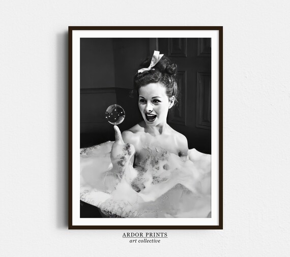 Woman Bubble Bath Balancing Soap Bubble Joyful Vintage Photo Poster