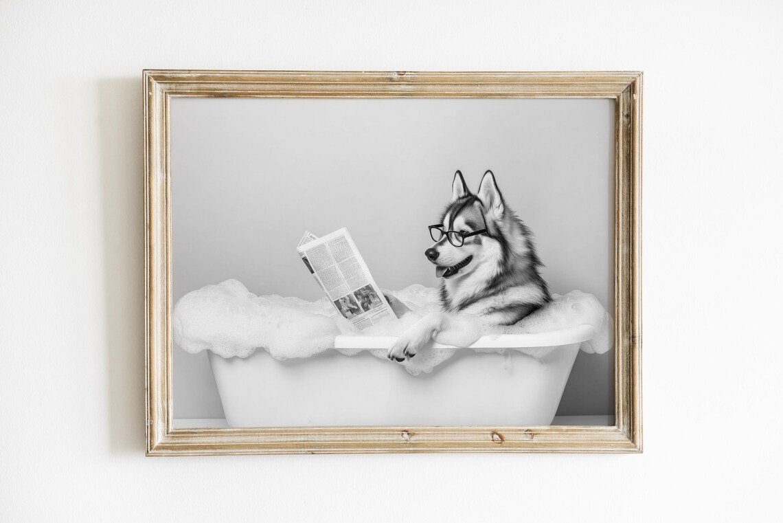 Siberian Husky In Bathtub Funny Bathroom Poster - Image 3