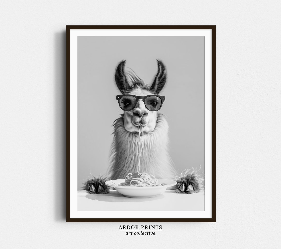 Llama Eating Spaghetti With Sunglasses Black and White Poster
