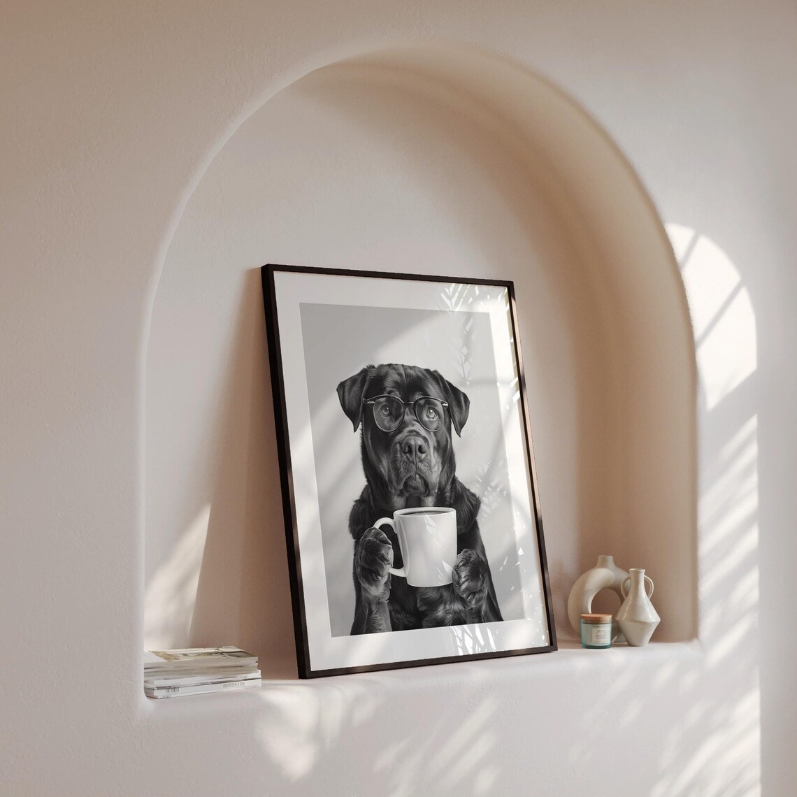 Rottweiler And Coffee Black And White Art Print - Image 4