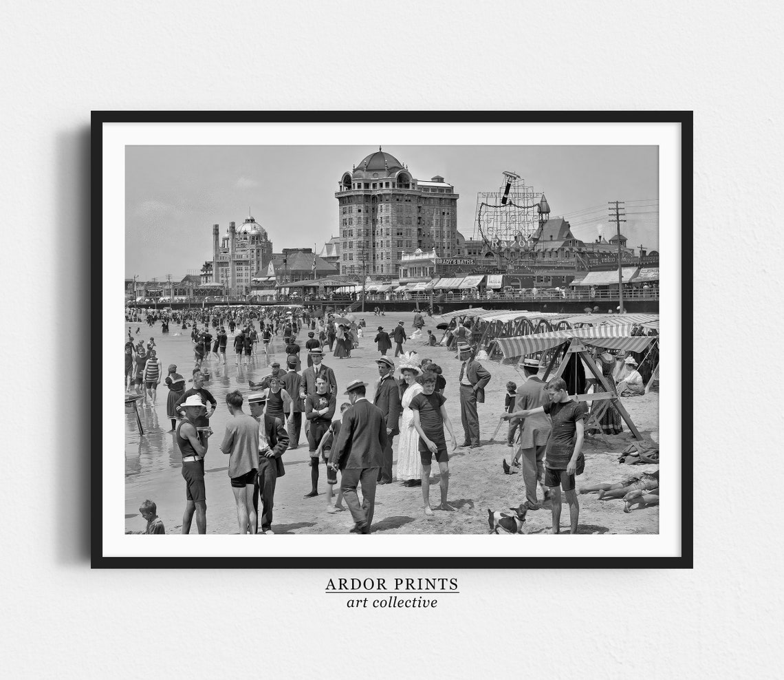 Vintage 1900s Beach Boardwalk Crowded Summer Retro Photography Poster