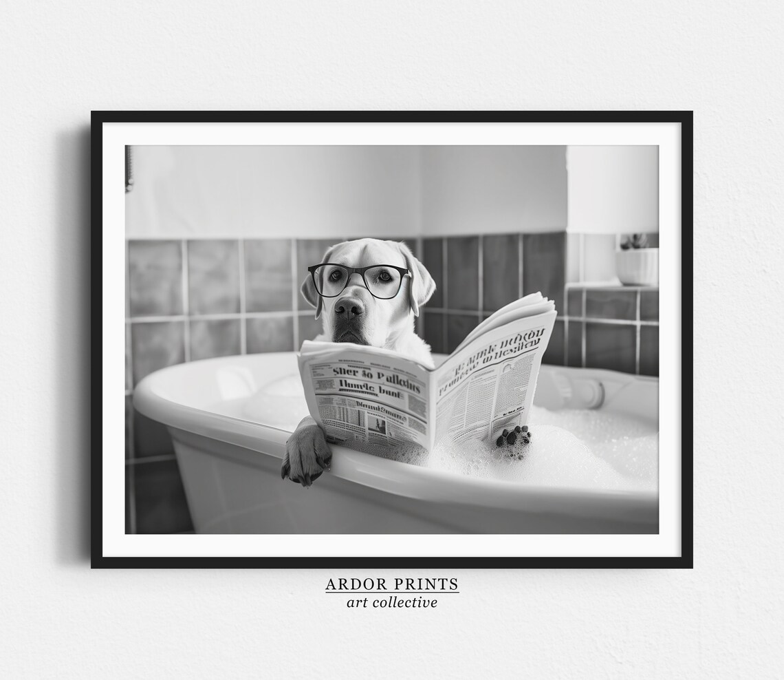 Labrador Reading Newspaper In Bubble Bath, Funny Dog Art Print