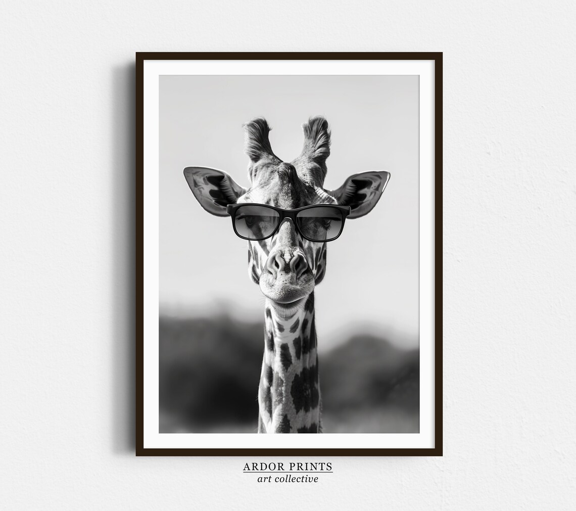 Giraffe Wearing Sunglasses Black and White Animal Portrait Poster