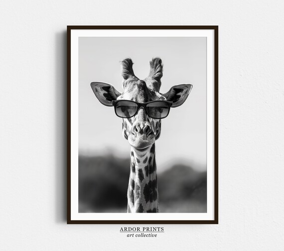 Giraffe Wearing Sunglasses Black and White Animal Portrait Poster