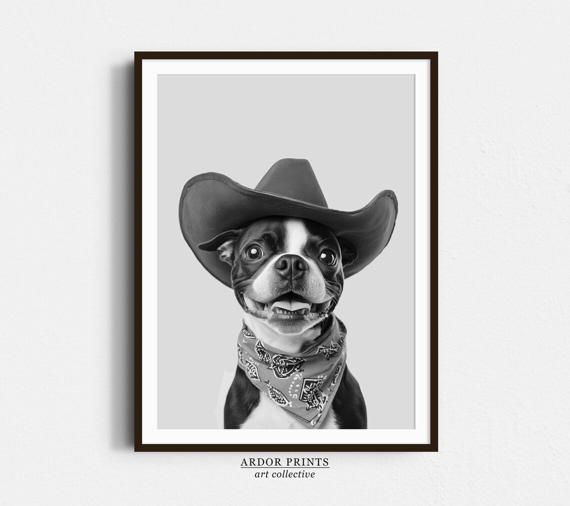 Boston Terrier Cowgirl Hat Western Vintage Art Print