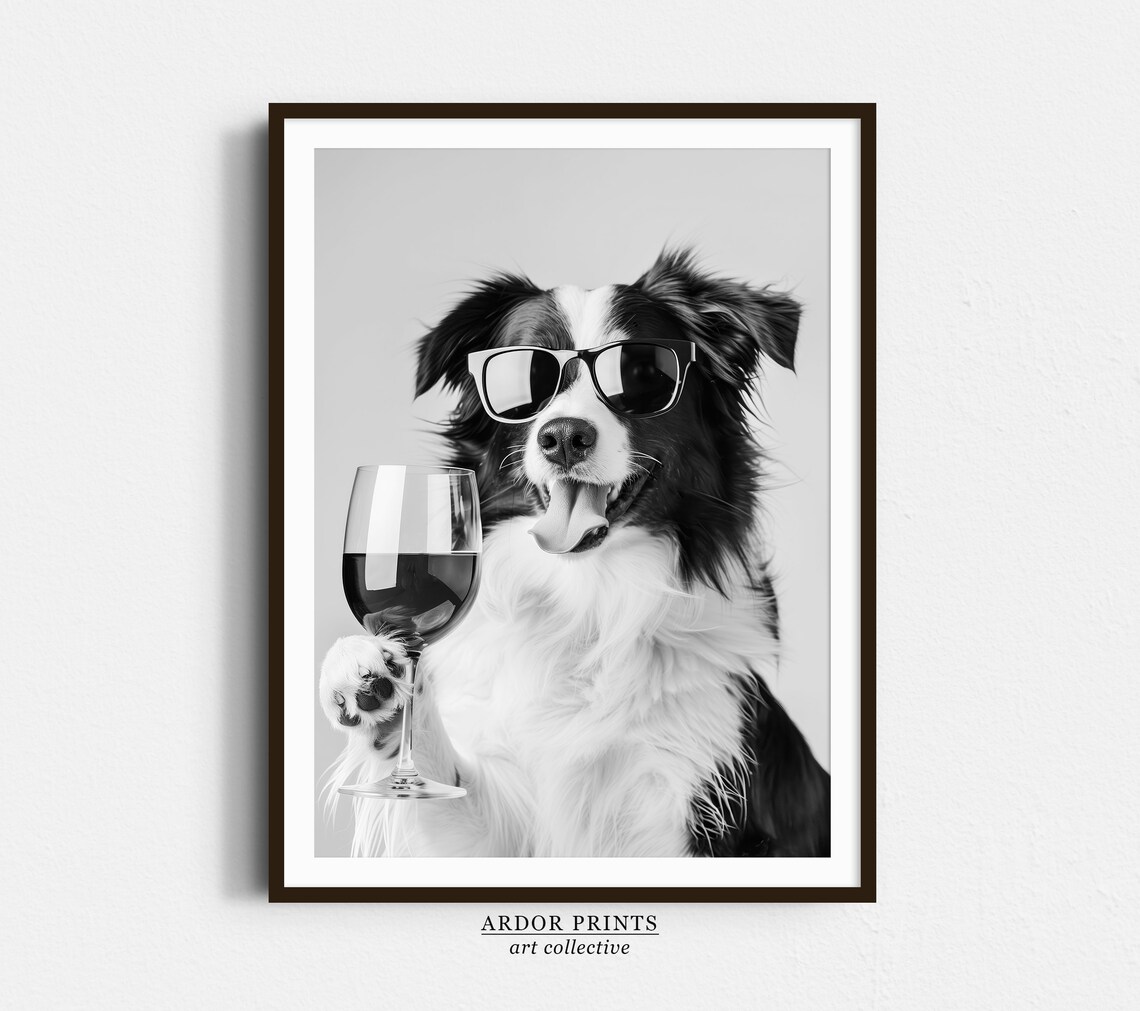 Border Collie Wearing Sunglasses Holding Wine Glass Black White Poster