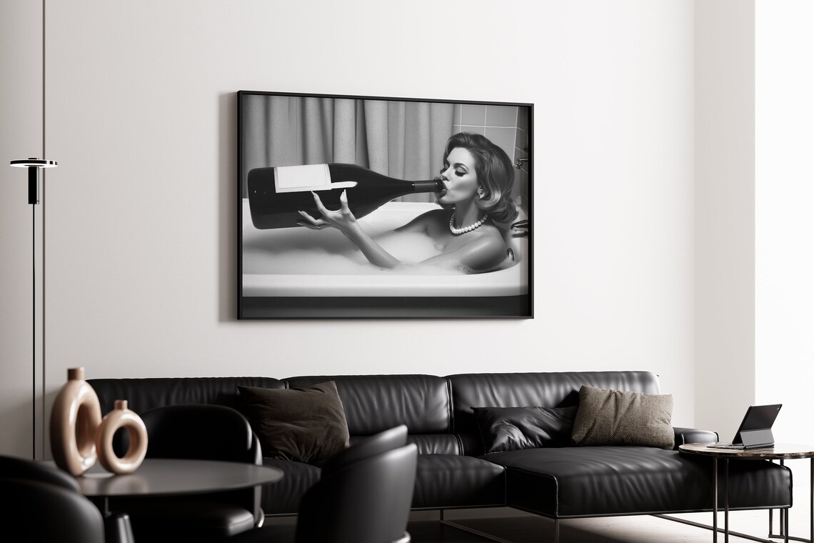 Vintage Woman Drinking Oversized Wine Bathroom Wall Art - Image 4