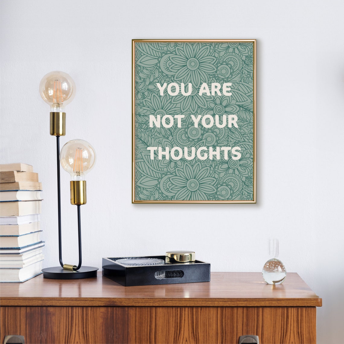 You Are Not Your Thoughts Green Floral Mandala Mindfulness Poster - Image 3