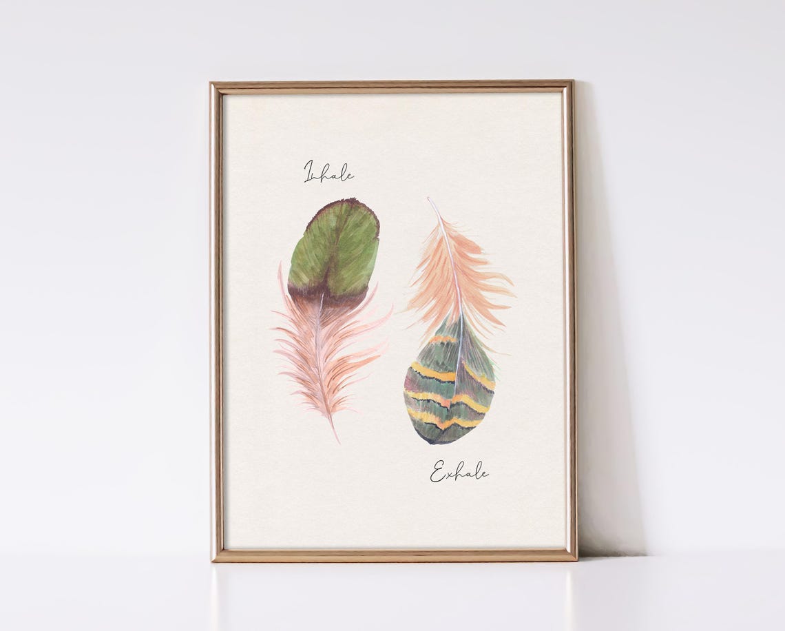 Inhale Exhale Watercolor Feather Pair Breathing Calm Wall Decor Poster