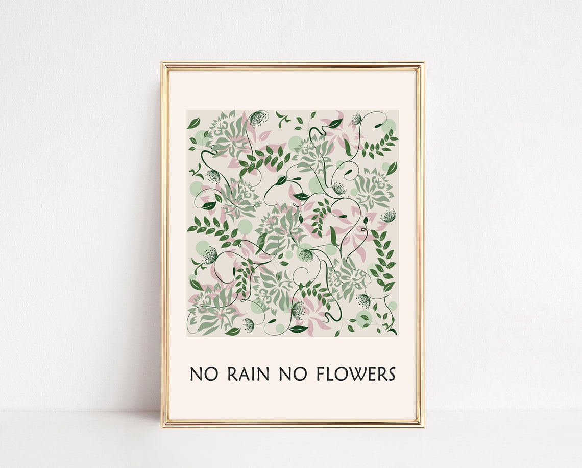 No Rain No Flowers Botanical Vine Pattern Affirmation Poster