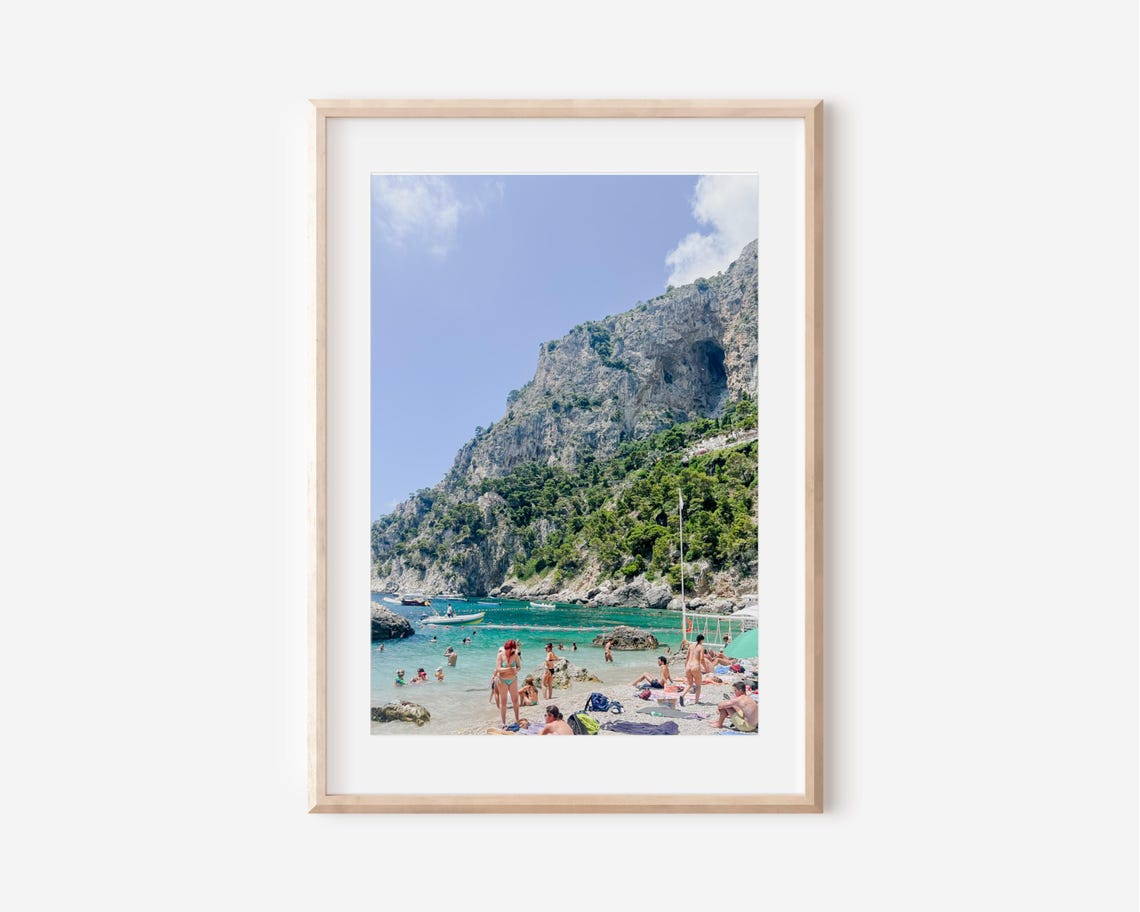 Capri Beach Blue Water Cliffside Umbrellas Coastal Photo Poster