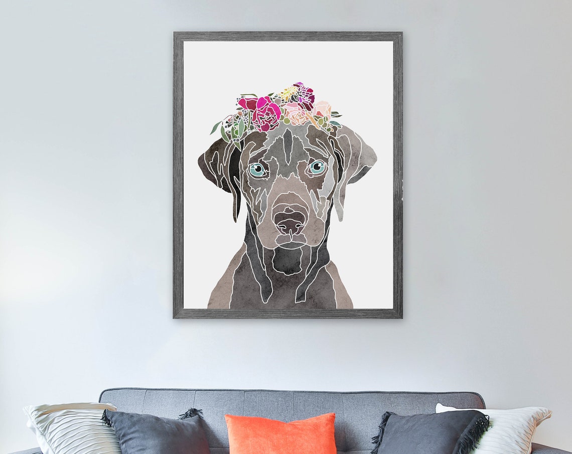 Weimaraner Dog Flower Crown Watercolor Poster Wall Art Pet Portrait Lover Gift Home Decor Prints