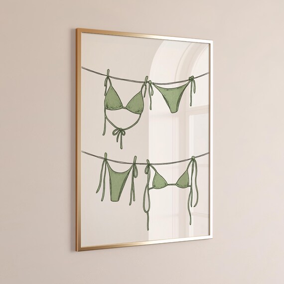 Green Bikinis On Clothesline Beach Coastal Summer Wall Decor Poster