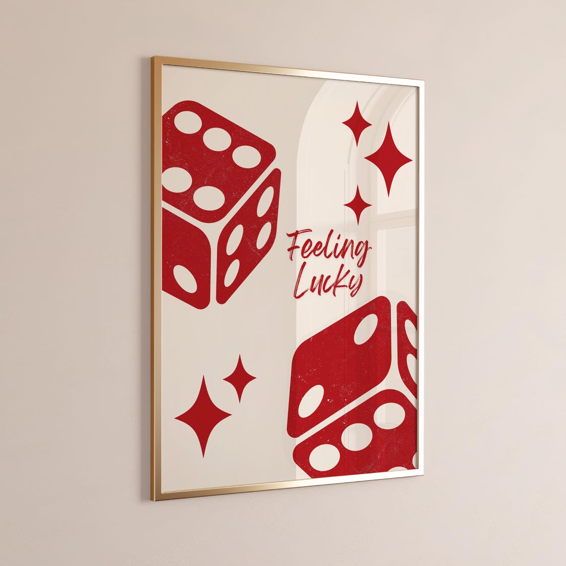 Feeling Lucky Red Dice Sparkles Retro Casino Typography Wall Art