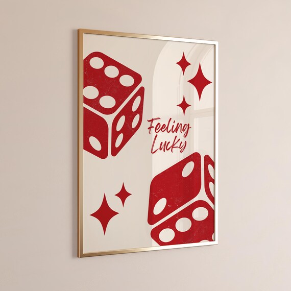 Feeling Lucky Red Dice Sparkles Retro Casino Typography Wall Art