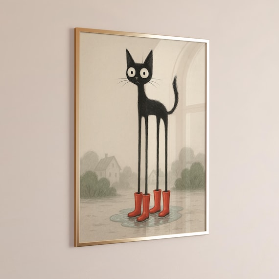 Long Legged Black Cat Wearing Red Rain Boots Whimsical Animal Poster