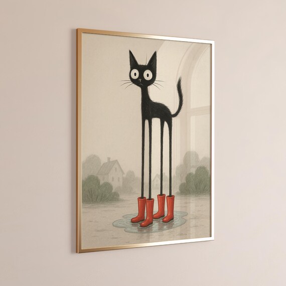 Whimsical Black Cat Art Print With Long Legs And Red Boots Funny Bathroom Wall Decor For Lovers Playful Home