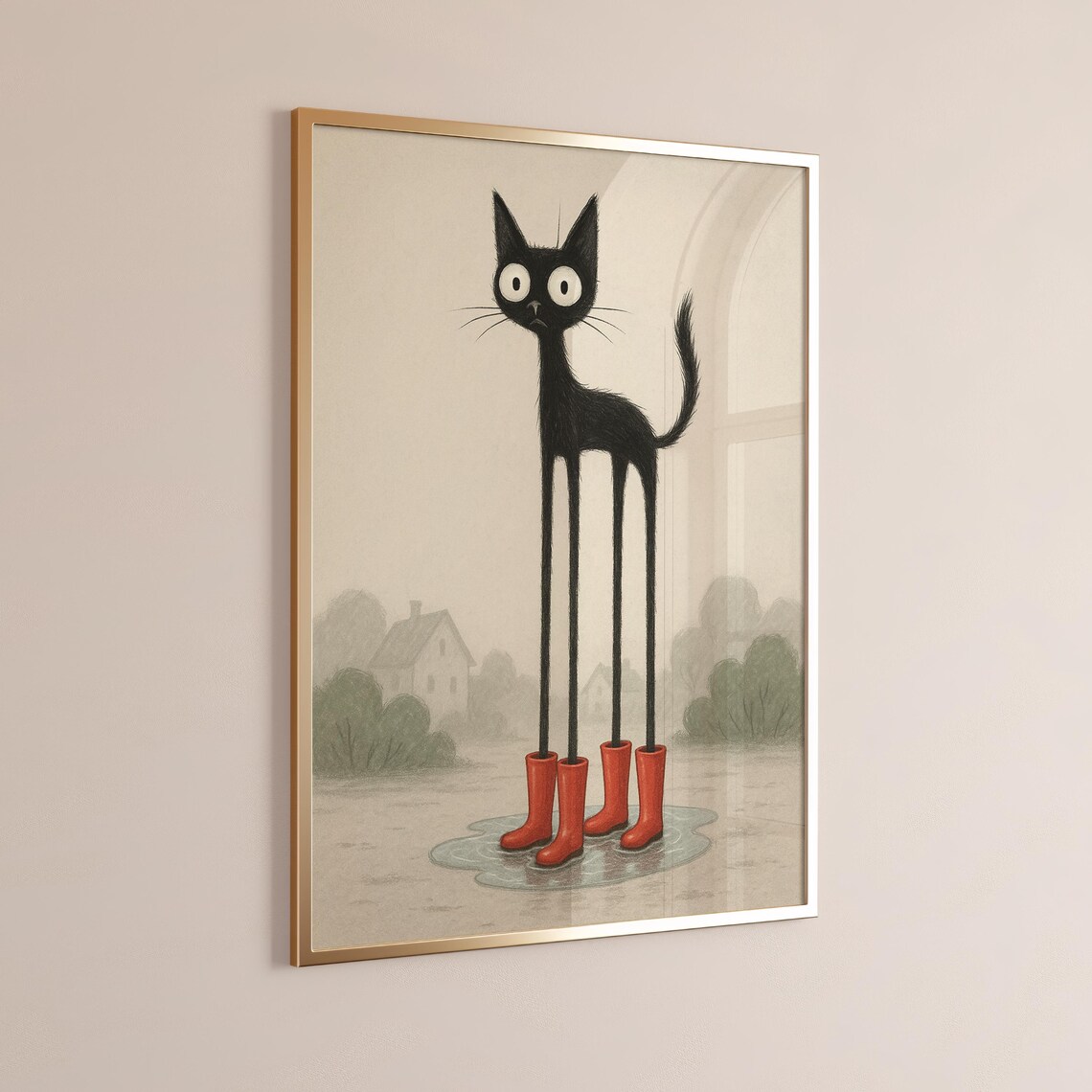 Long Legged Black Cat Wearing Red Rain Boots Whimsical Animal Poster
