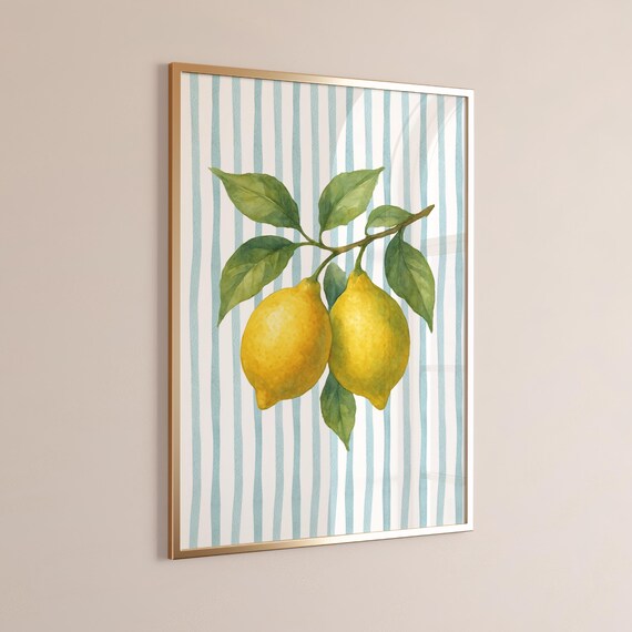 Watercolor Lemons On Light Blue Stripes Coastal Kitchen Wall Art
