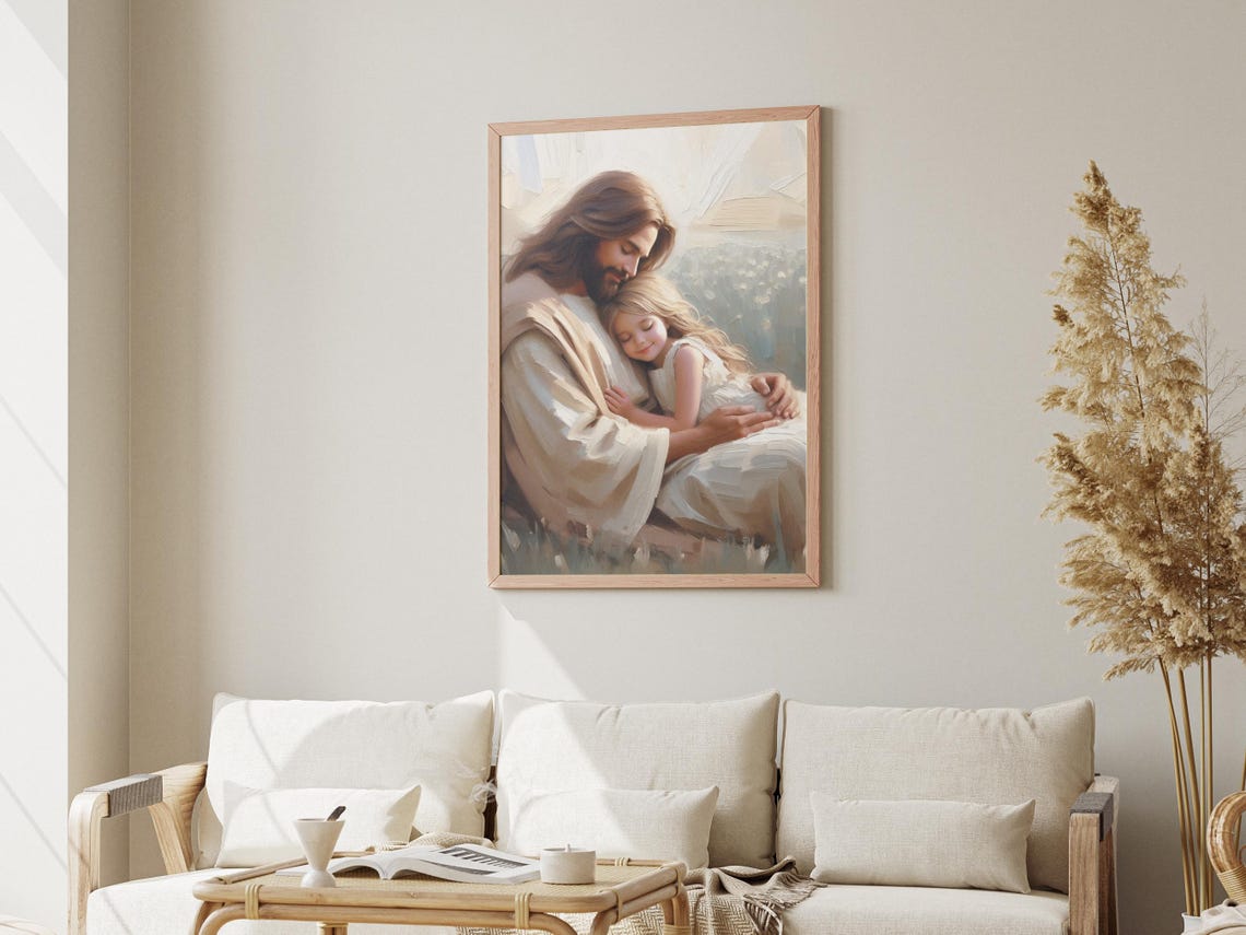 Sweet Sleep Jesus And Little Girl Art Modern Christian Nursery Wall Art Jesus With Children Kids Bible Art Print Lds Painting - Image 3
